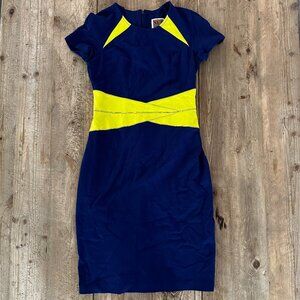 NUE by Shani Ponte Colorblock Sheath Dress Bodycon Navy Yellow Size 6